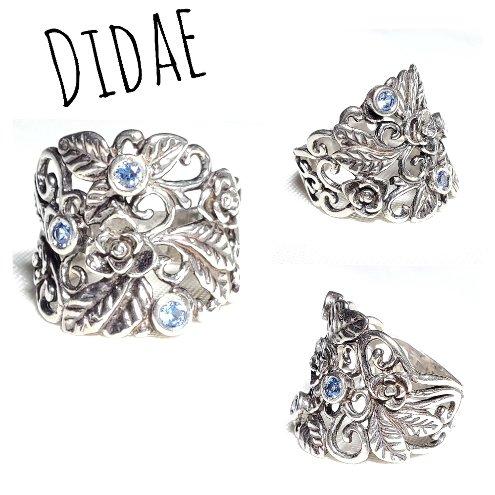 Vtg DIDAE Floral Blue Topaz Sz 7.75 Shablool Israel 925 Sterling Silver - Picture 5 of 10